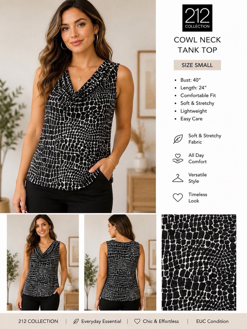 212 Collection Sleeveless Lined Animal Print Top Size S Black EUC Office/Party